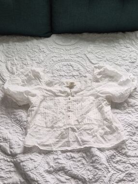 White Puff Sleeve Eyelet Blouse with Pintuck Front